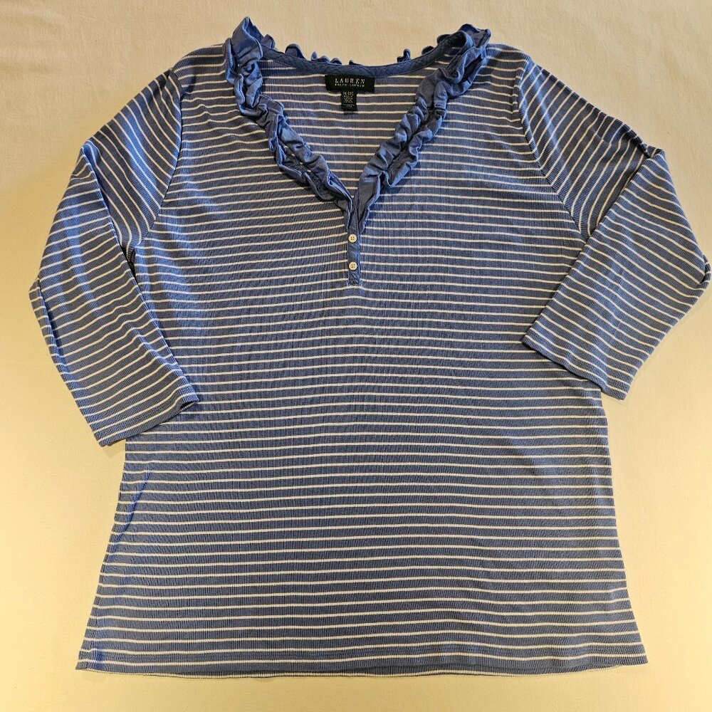 Lauren Ralph Lauren Ribbed Knit Striped Ruffle V Neck Pullover Top Size 1X Blue